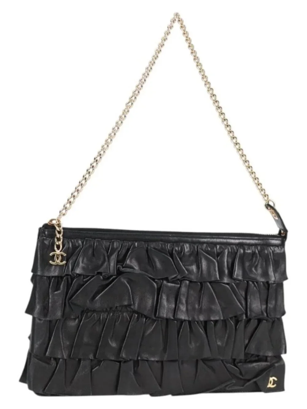 CHANEL Chain Gathered Hand Bag Lamb Skin Black Gold CC Auth yk18016M
